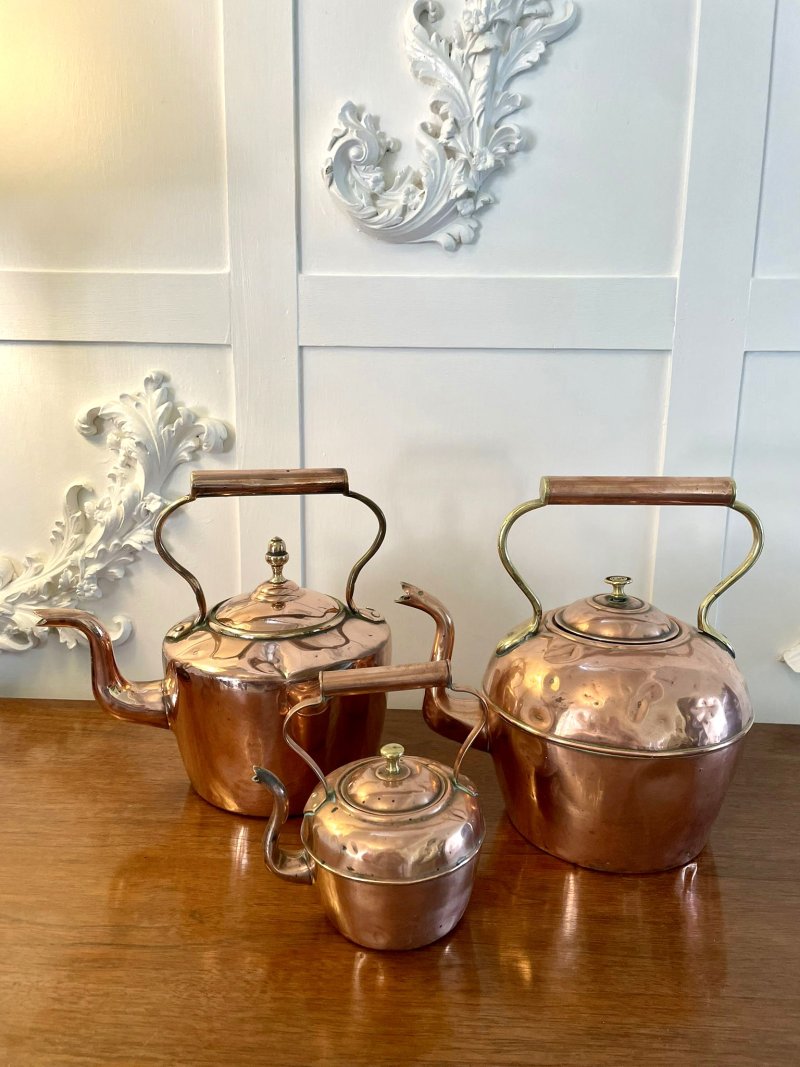 Antique Collection of Three Copper Kettles - Image 2